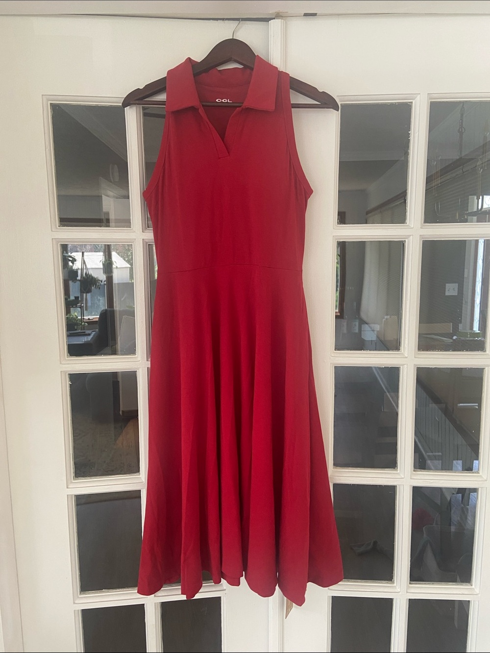 OGL Red Fit and Flare Sleeveless Collared Midi Dress